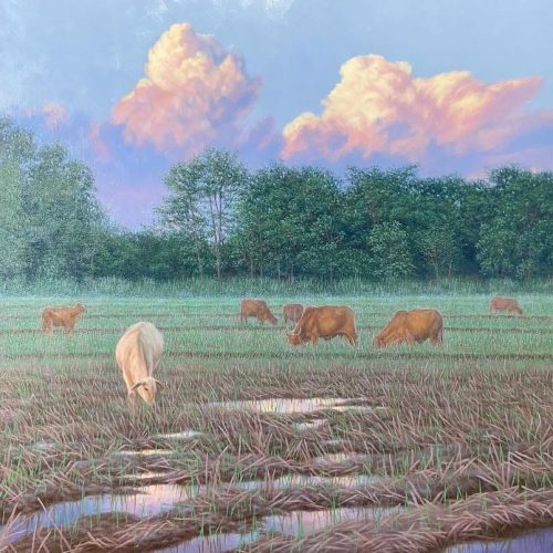 ฝูงวัวกับทุ่งนายามเย็น 90x90cm ฝูงวัวกับทุ่งนายามเย็น (Cattle at Dusk in the Fields)
